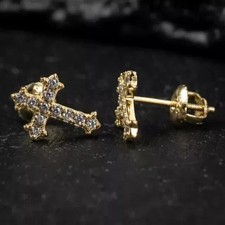 1.60Ct Round Cut Real Moissanite Cross Stud Earrings 14K Yellow Gold Plated