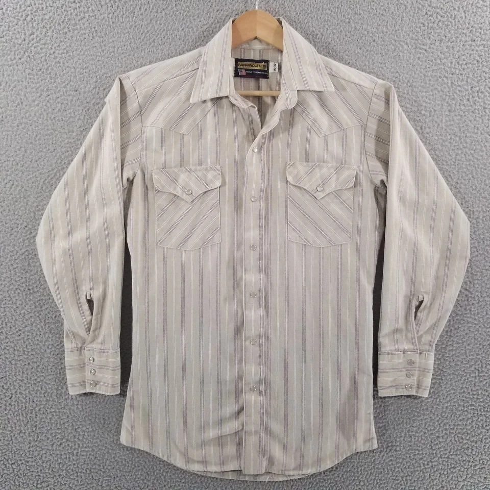 Винтажная тонкая рубашка Panhandle мужская 15 маленькая в полоску вестерн жемчуг застежка США 70-е 80-е - Изображение 2 из 4