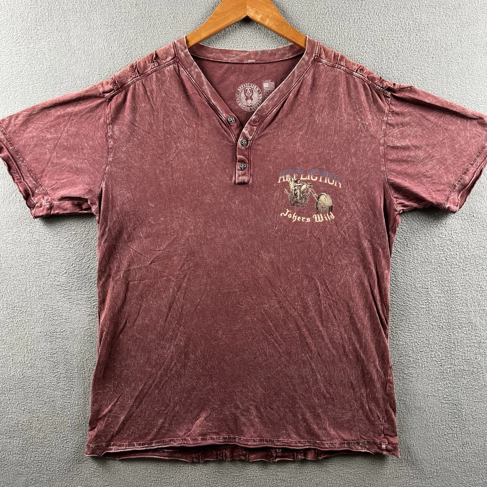 Affliction Shirt Mens Large Maroon Henley Jokers Wild Biker Skull Grunge Y2K