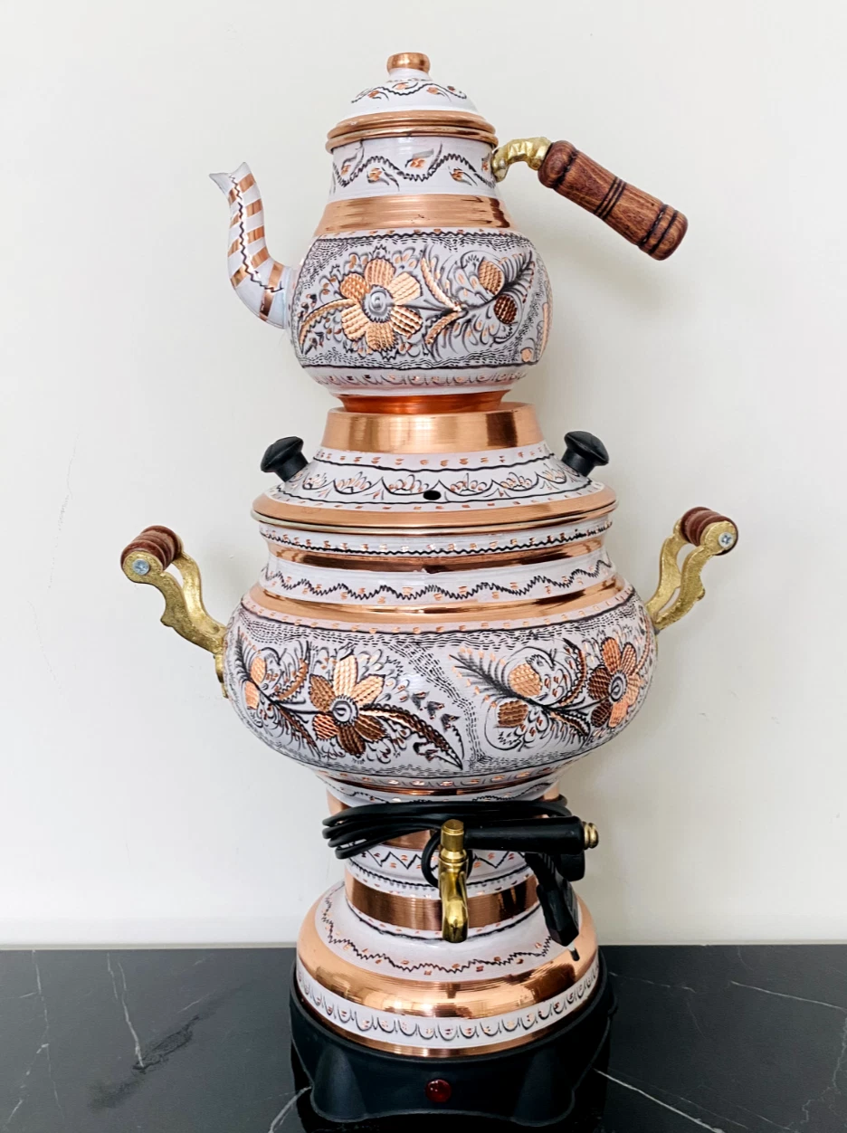 5 lt-WhiteElectric Copper Samovar-Thermostat Tea Set,Cylinder Kettle,Decorative