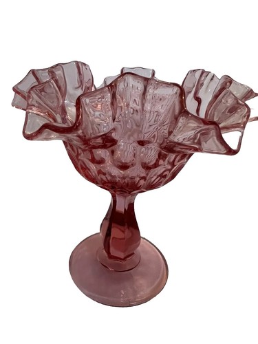 Vntg Fenton Glass Cranberry Ruffled Edge Thumbprint Candy Dish Compote Pink 6” - Picture 3 of 6