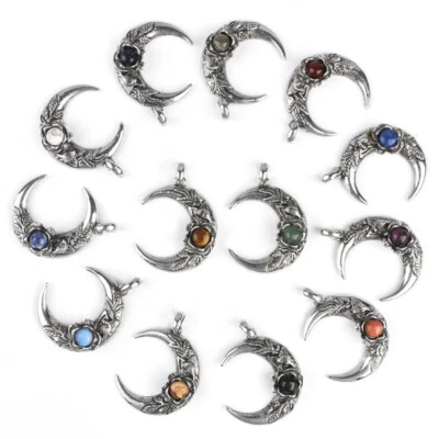 Retro Crescent Moon Flower Chakra Crystal Bead Pendant Punk Women Jewellery Gift - Image 1 of 4