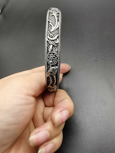 Exquisite Old Chinese Tibet Silver Handcarved Crane Flowers Bracelet - Picture 6 of 7