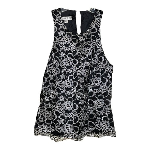 Bebe Womens Black Silver Floral Lace Lined Sleeveless Tank Top Size Small - Afbeelding 1 van 6