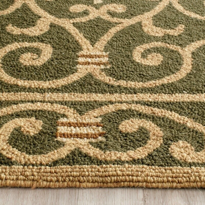 Wool Area Rug Indoor Round 3ft Hand Hooked Geometric Border Transitional Style - Image 3 of 4
