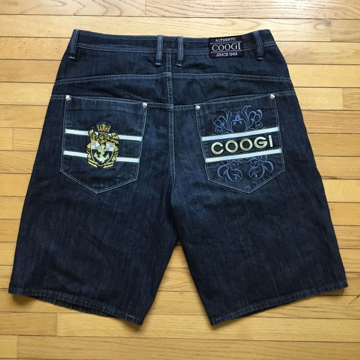 Men's COOGI Gold Silver Bling Denim Baggy Shorts Anchor Crest
