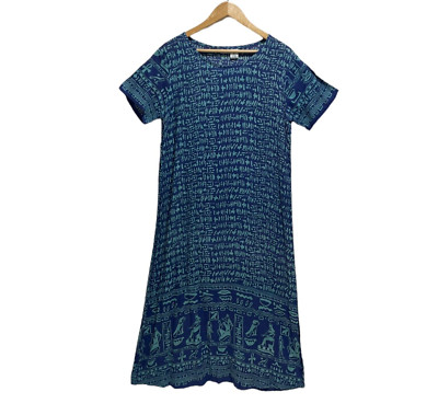 Vintage LA CERA Blue Egyptian Print Rayon Maxi Dress Small