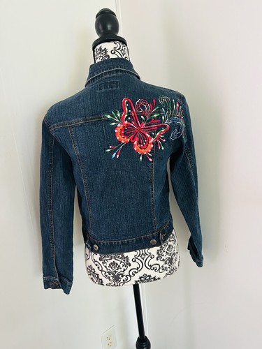 Arizona Girls Vintage 90s Embroidered Butterfly Floral Blue Denim Jacket Size L - Picture 5 of 11