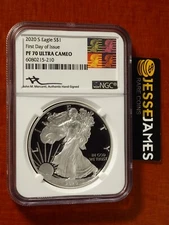 2020 S PROOF SILVER EAGLE NGC PF70 FIRST DAY OF ISSUE MERCANTI SIGNED ART LABEL