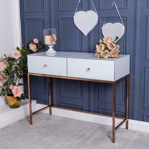 White Glass Console Dressing Table Rose Gold Venetian Bedroom Hallway Home White Glass Console Dressing Table Rose, Rose Gold Console Table With Drawers