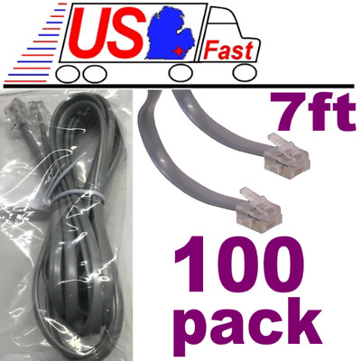 100 Pack Lot 7ft Telephone Line Cord Cable 6P4C RJ11 DSL Modem Fax Phone Silver