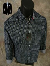 Mens Casual Shirt Navy Blue Green Patterns Button Front House of Lords