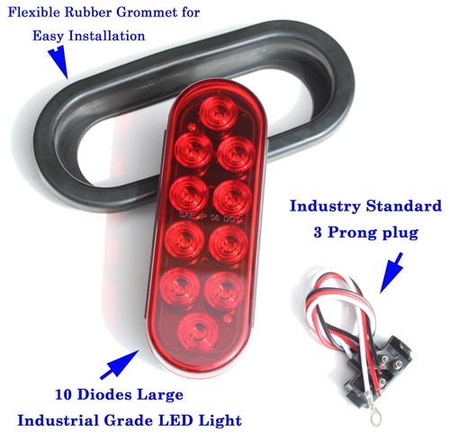 2 Red LED Sealed Stop Brake Turn Tail Light 6" Oval Plug Kits Truck Trailer RV - Picture 4 of 8
