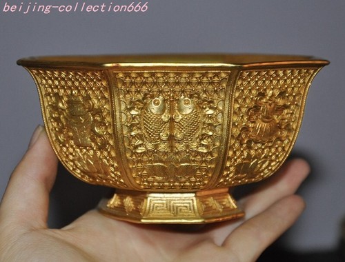 4.4'' Western Zhou Dynasty bronze 24k gold Gilt 8 Treasures Tea cup Bowl Bowls - Picture 4 of 9