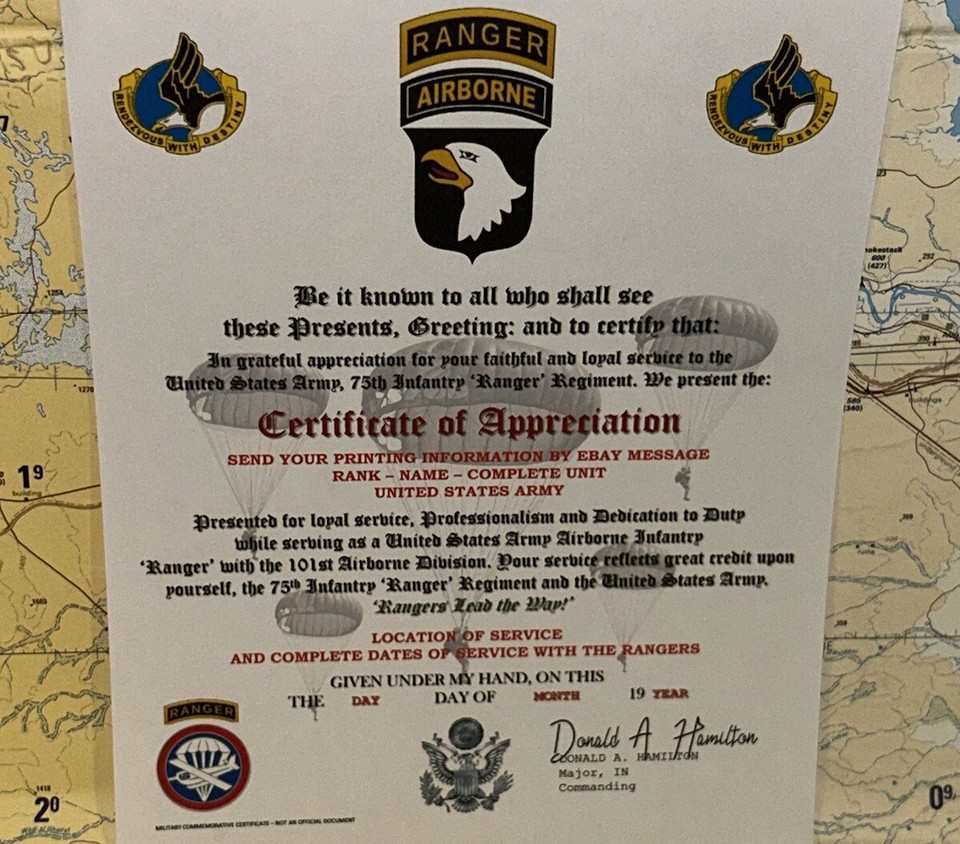 U.S. ARMY RANGER / 101ST AIRBORNE DIVISION - CERTIFICATE OF ...