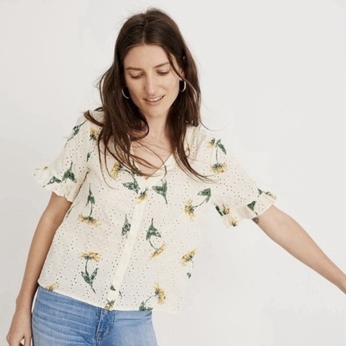 Madewell Cream Floral Eyelet Village Ruffle Sleeve Shirt Sunflower Scatter Sz Xs
