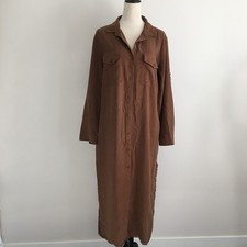 BELLA DAHL Anthropologie Brown Fringe Slit Hem Button Shirt Maxi Dress sz Large