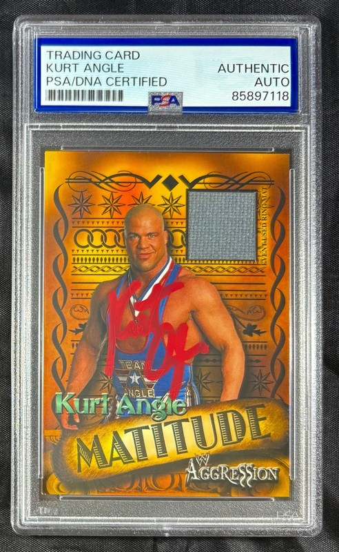 Kurt Angle patch auto 2003 Fleer WWE Matitude Relic #MKA Event Used Ring Mat PSA