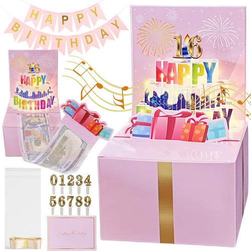Birthday Money Box for Cash Gift, Birthday Money Pull Box with Music Light DI... - Picture 1 of 6