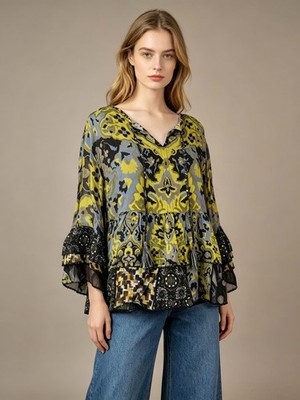 NWOT John Mark Woven Paisley Floral Ruffle Flounce Sleeve Blouse Shirt Size M