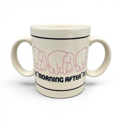 The Morning After Coffee Mug Cup Pink Elephants Two Handles 1982 Vintage, Japan