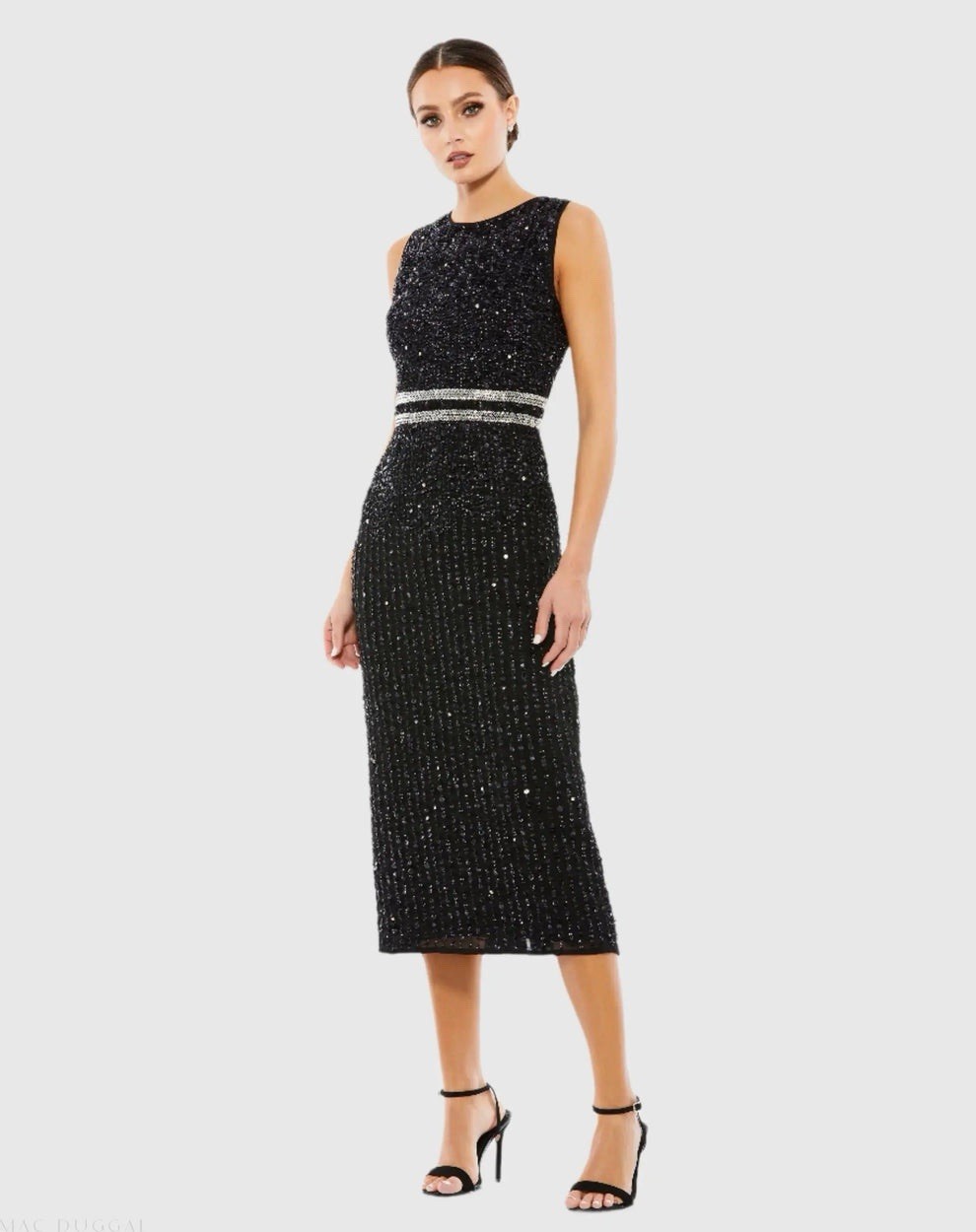 Mac Duggal Black Sequin Silver Waist Sleeveless Midi Dress Nwt 16