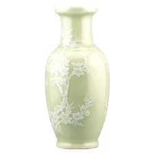 Chinese Celadon Porcelain Vase White Slip Blossom Birds Lamped Late 20th C