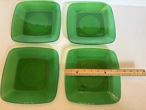 Anchor Hocking Luncheon Plates Square Green Glass Set of Four , Vintage