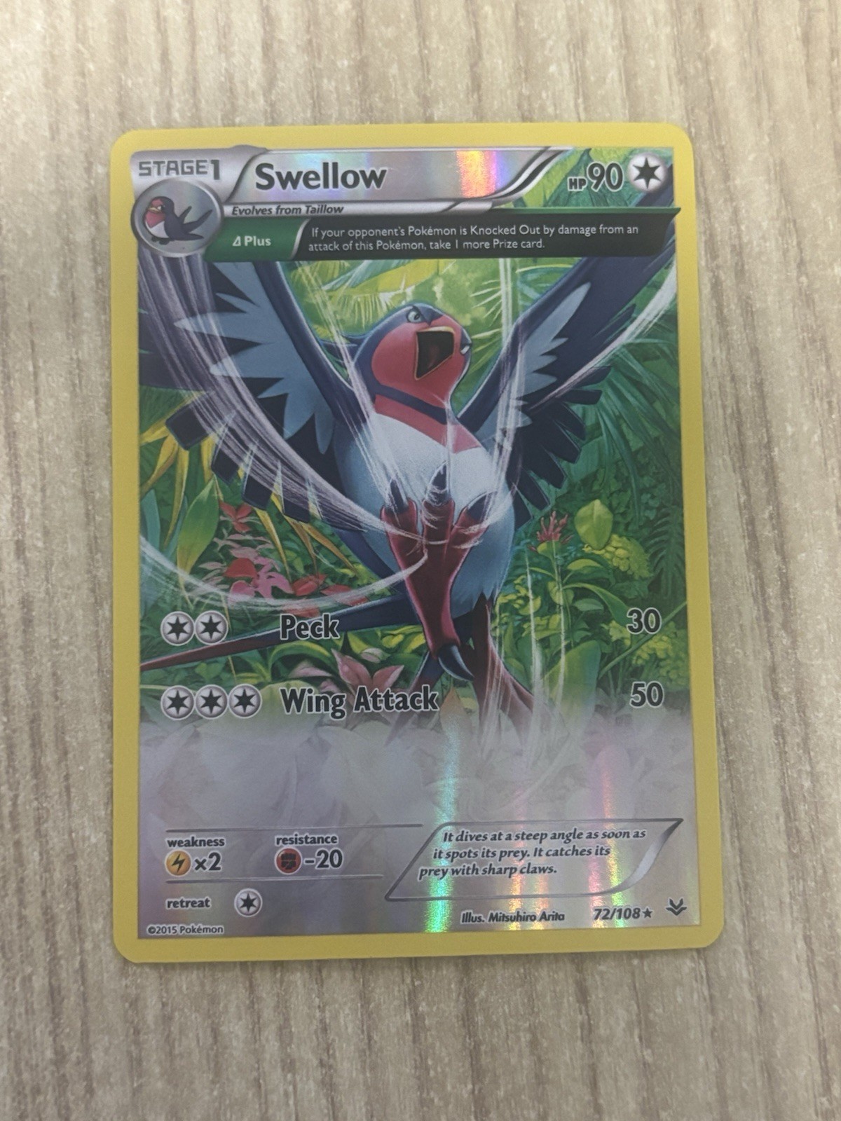 Swellow (72 Delta) 72/108 Roaring Skies Holo Pokémon Card Near Mint Condition