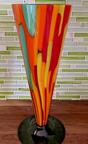 Stunning VTG Murano Art Glass Multi Colored Striped Vase Signed, Seguso Viro