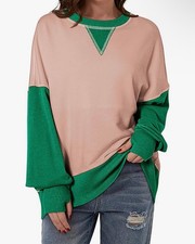Womens Crewneck Loose Fit Color Block Sweatshirt Pink/green