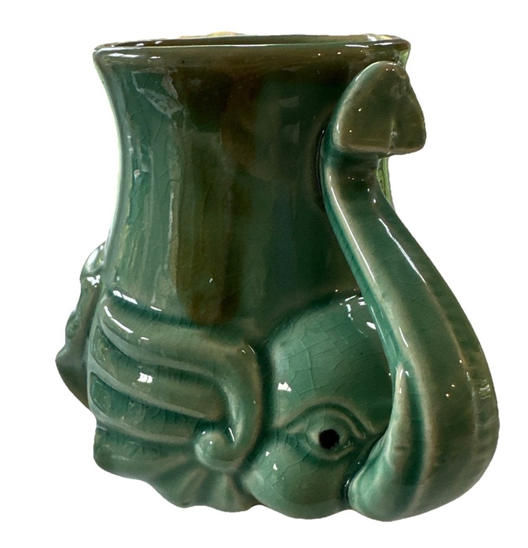 Vintage Majolica Lucky Elephants Green Mini  Planter 4.5” x 5” w