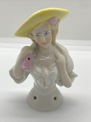 3'' Antique German Bisque Half 1/2 Doll Lady Blonde Rose In Hair Yellow Hat CC8