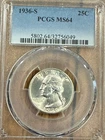 1936-S  Washington Quarter Silver MS-64 PCGS  Blast White