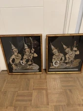Set Of 2 Vintage Mid Century Thai Silk Paintings,depicting Traditional Musicians