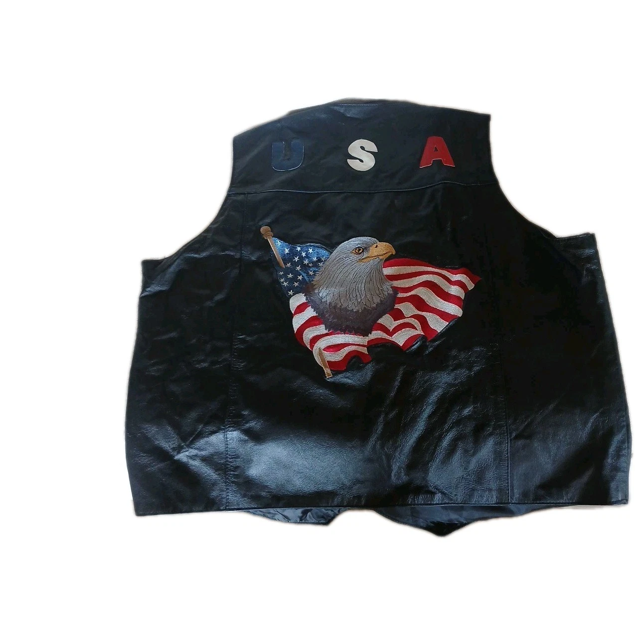 Leather World by Lucky Leather Embroidered Eagle Flag Biker Vest USA Chest 46"