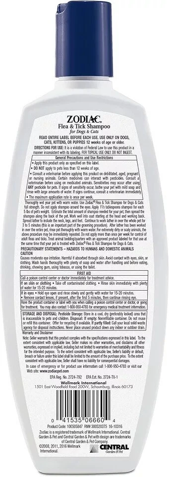 Champú antipulgas y garrapatas Zodiac Pet mata al contacto para perros y gatos 12 oz Foto 2 de 2