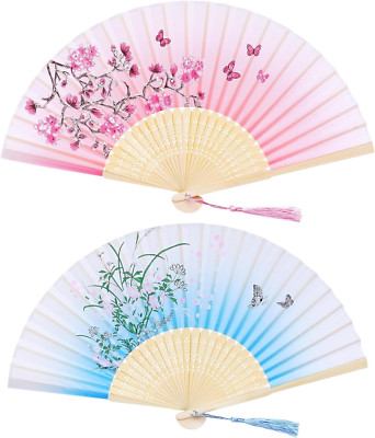 2 Abanicos De Mano Para Dama Bambu a Encanto Elegante Seda Floral Cereza Japonés