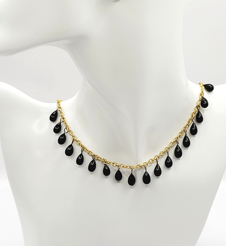 Black Pear Shape Multi Hanging Bead Dangling Charm Like Gold Tone Vtg Necklace - Picture 19 of 21