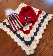 Red White and Blue Baby - handmade crochet newborn blanket 2 hat set