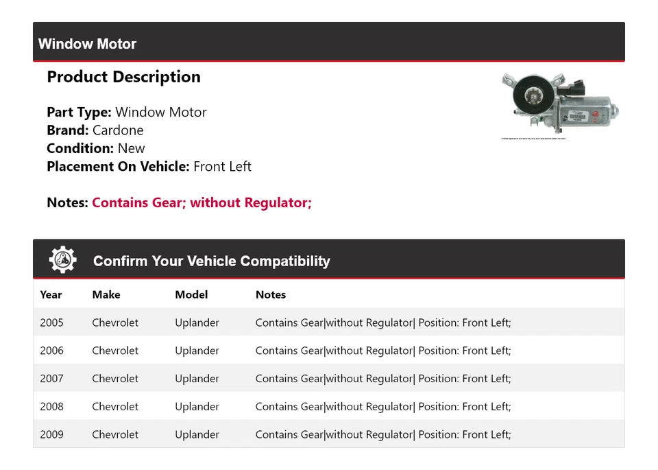Para Chevrolet Uplander 2005-2009 Motor Ventana Delantero Izquierdo Cardone 2006 2007 2008 Foto 2 de 4