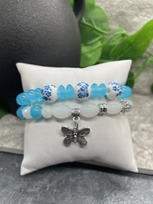 2 PC Handmade Bohemian Beaded Stackable 7" Plus Stretch Bracelet Set New B1059