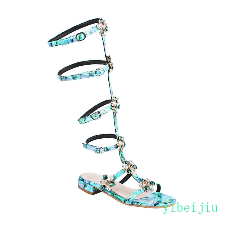 Sandálias sapatos baixos femininos gladiador romano verão joelho alto botas strass - Imagem 2 de 4