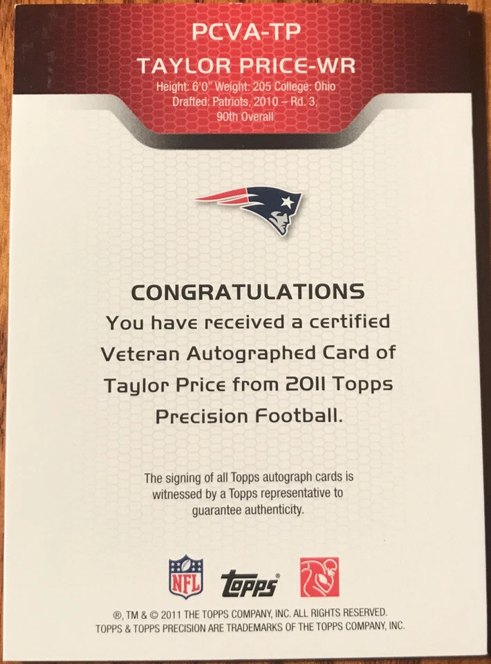 2011 Topps Precision Autographs Red Taylor Price PCVA-TP #’d 43/99 - Image 2 of 2