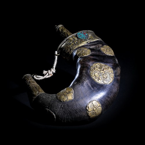 Antique Tibetan Rare OX Horn Snuff Bottle With Turquoise And Gold Inlaid 9"