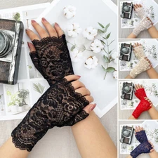 Women Short Lace Floral Gloves Thin Bride Wedding Bridal Half Finger Mittens