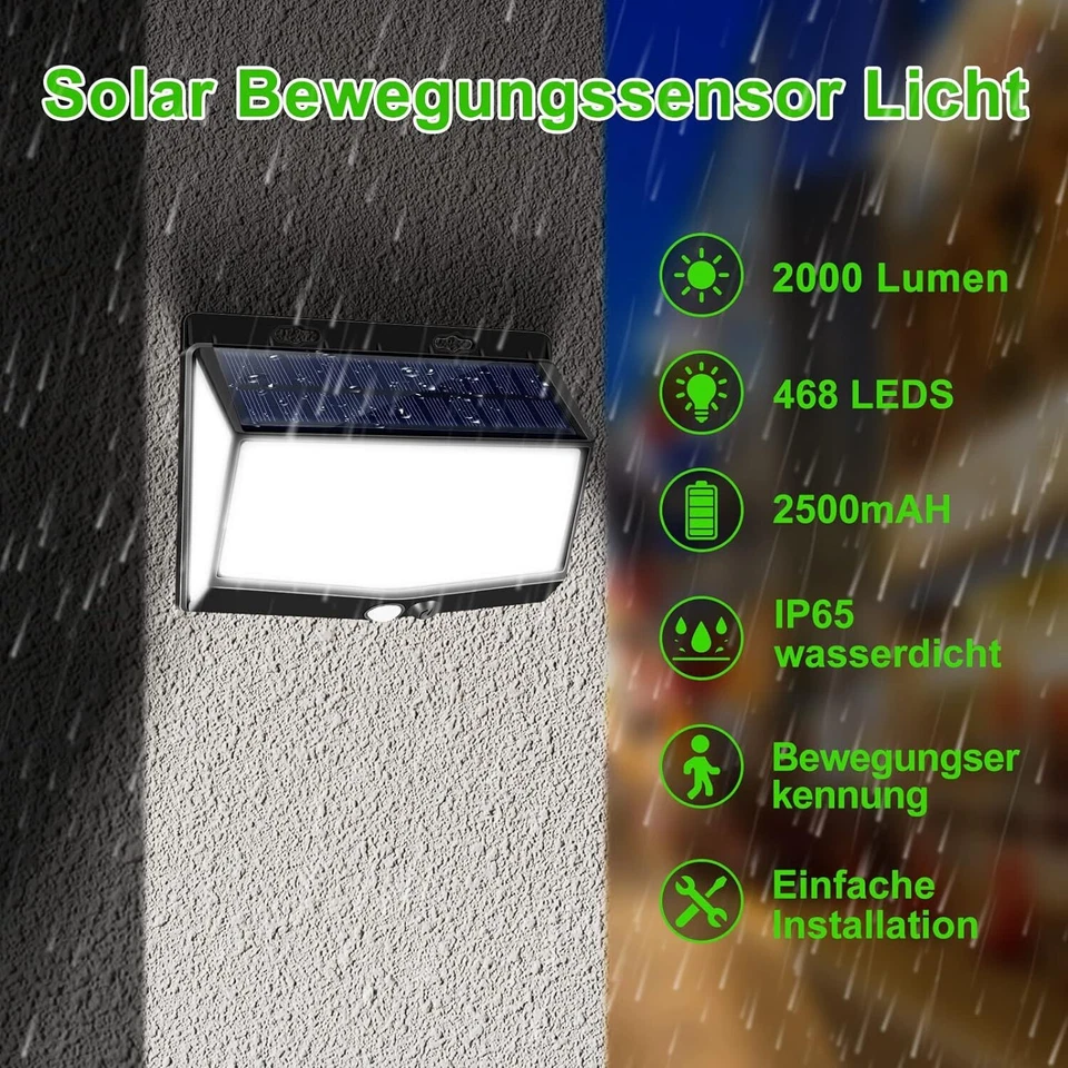 Solarlampen für Außen mit Bewegungsmelder 468 LED 3 Modi Solarleuchten Garten - Bild 3 von 4
