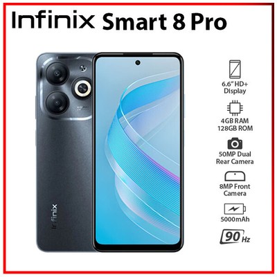 (Unlocked) Infinix Smart 8 Pro 4GB+128GB BLACK Dual SIM Android Cell Phone