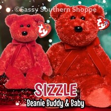     2001 SIZZLE Bright Red Fuzzy BEARS Ty Beanie BUDDY  BABY Set MWMT 