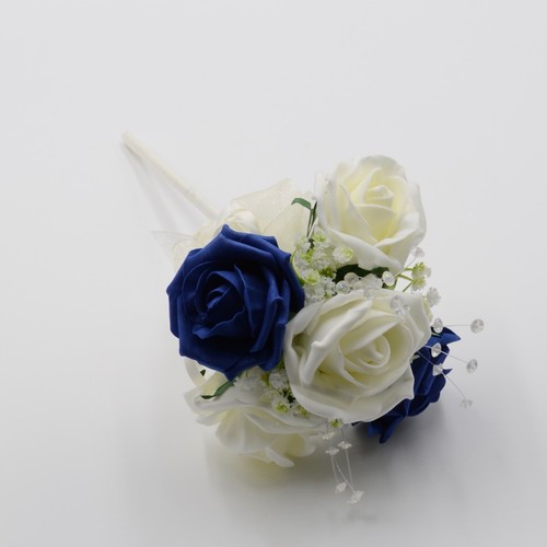 Silk Artificial Wedding Flowers Navy Blue & Ivory Bouquet Posy Table Decoration - Picture 10 of 24